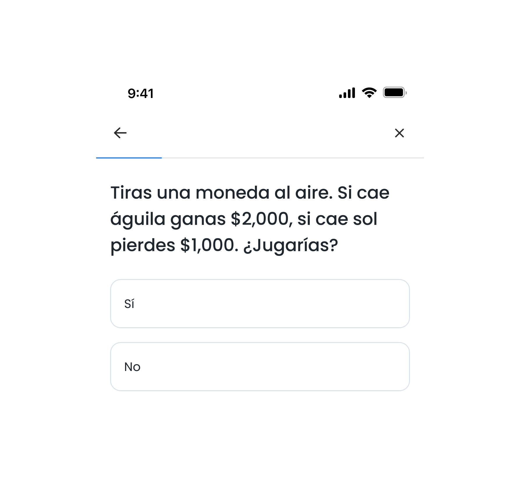Imagen de nuestra App mostrando el cuestionario para determinar tu perfil de inversión.